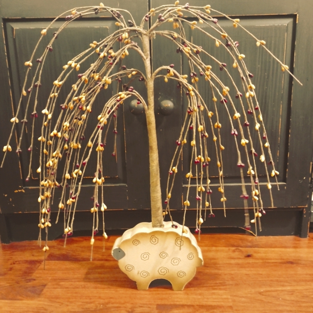 Primitive Wooden Sheep with Resin Willow Tree